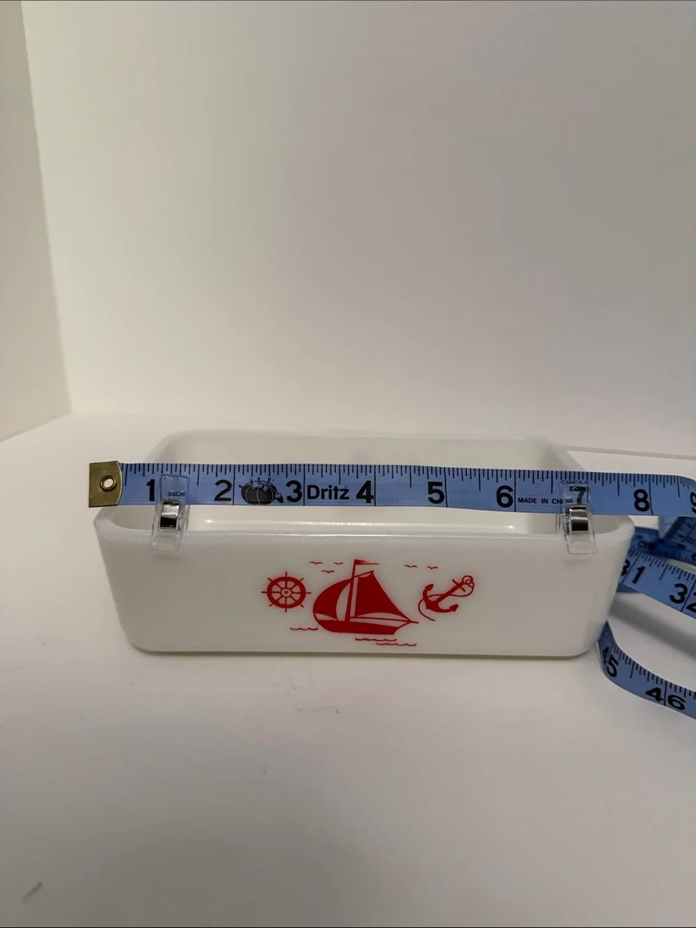 Vintage McKee White Milkglass Refrigerator Dish w/ Red Sailboat